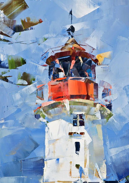 Oil painting of vibrant lighthouse by Hellen Hiddensee Volodymyr Gluhomanyuk