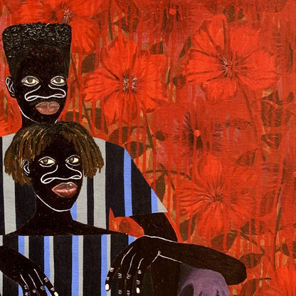 Acrylic painting Among the scarlet flowers by Akintomide Akinshola, vibrant red floral background with black and white outlined figures in blue-striped shirt