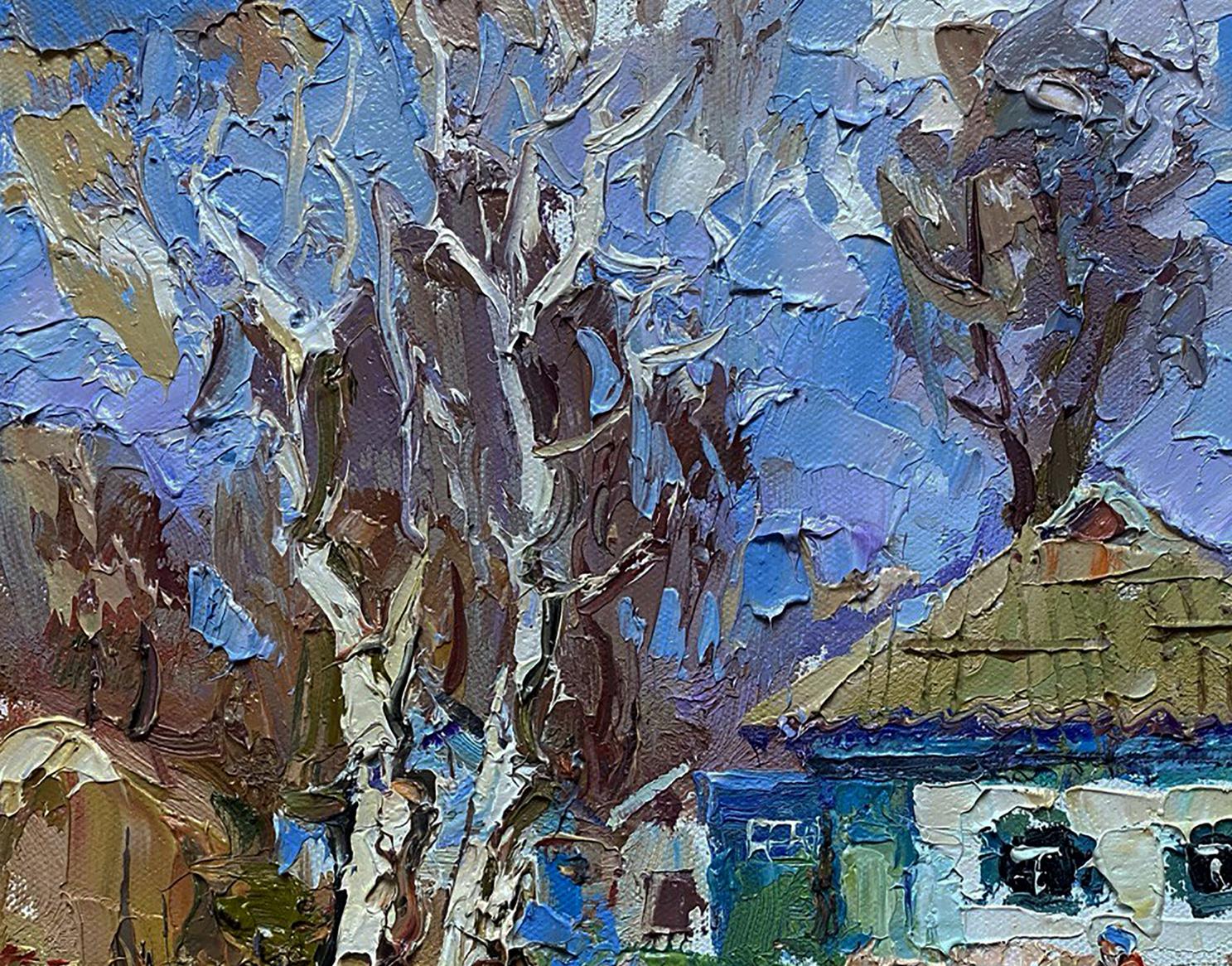 Oil painting House on a March day by Oleksiy Ivanyuk with bare trees