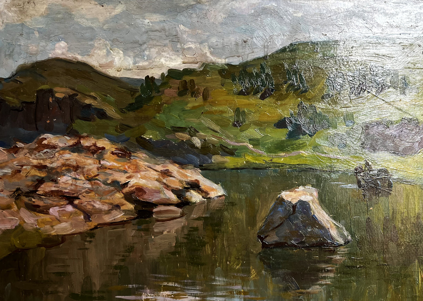 Impressionistic oil painting Still water by Boris Talko with green hills and lake