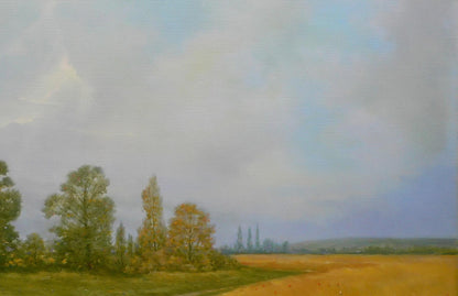 Serene oil painting Road under the Clouds by Vasily Korkishko, golden field