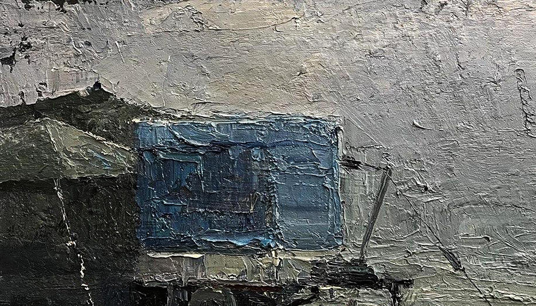 Oil painting Neighborhood Volodymyr Pashchenko blue window on gray wall