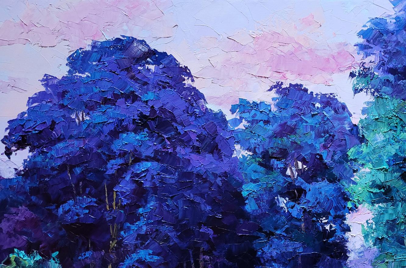 Oil painting of vibrant blue purple trees in meadow by Boris Serdyuk