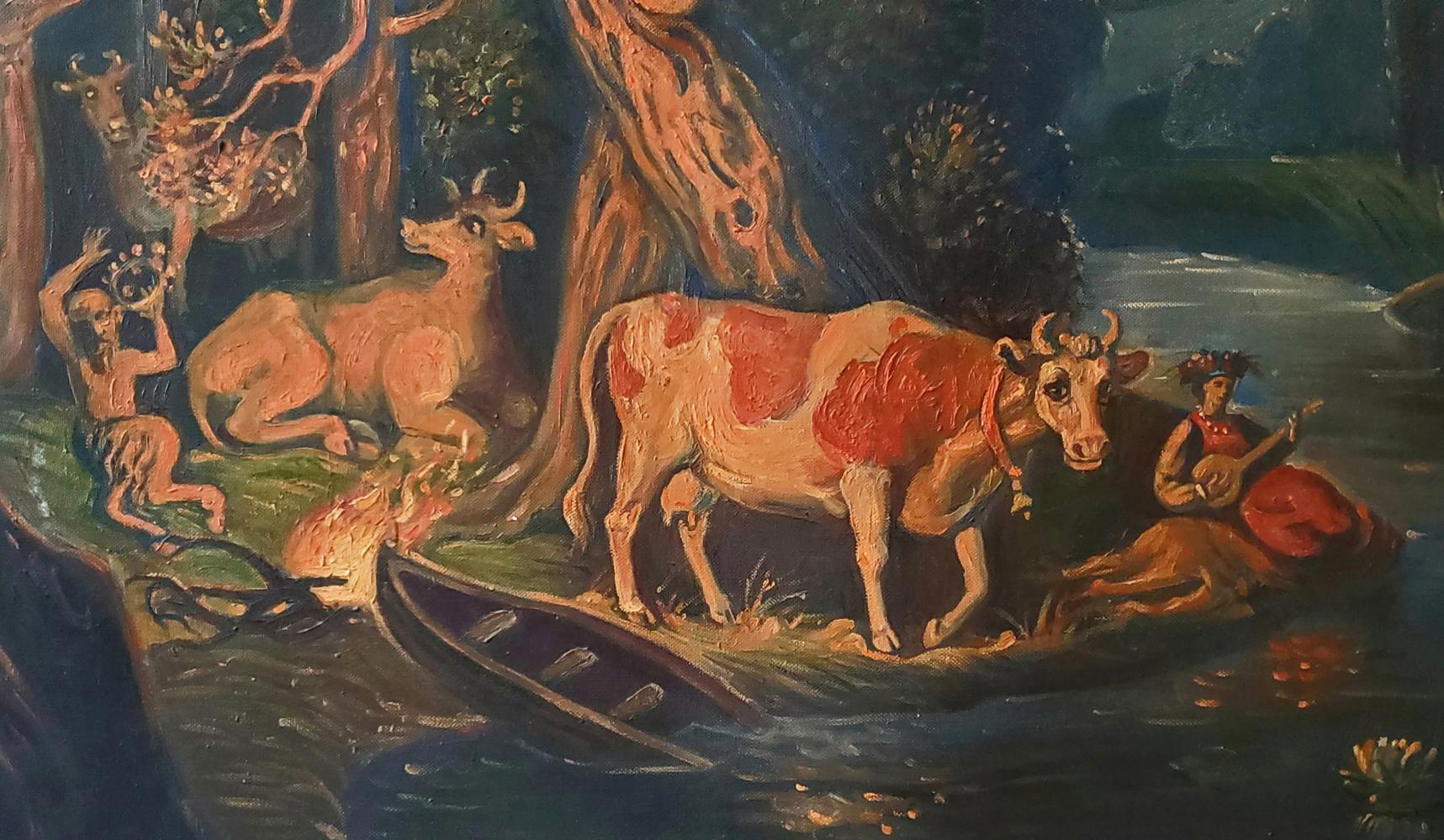 Impressionistic oil painting of cow by riverbank by Daniil Litvinov