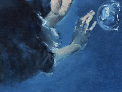 Oil painting Underwater touch by Oleg Kateryniuk: impressionistic hands reaching for bubble