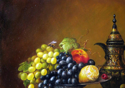Oil painting Fruits of the Earth by Valeriy Bulat: grapes, peach, cherry, teapot