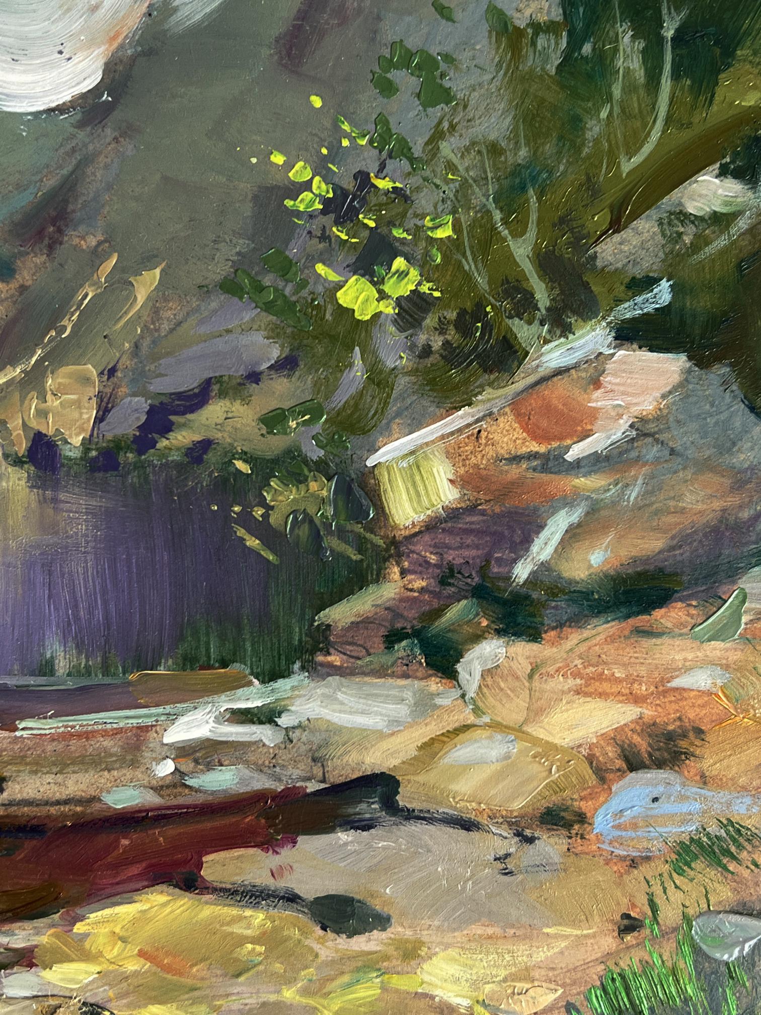Oil painting of boats on seashore by Yuriy Suprunchuk with green foliage
