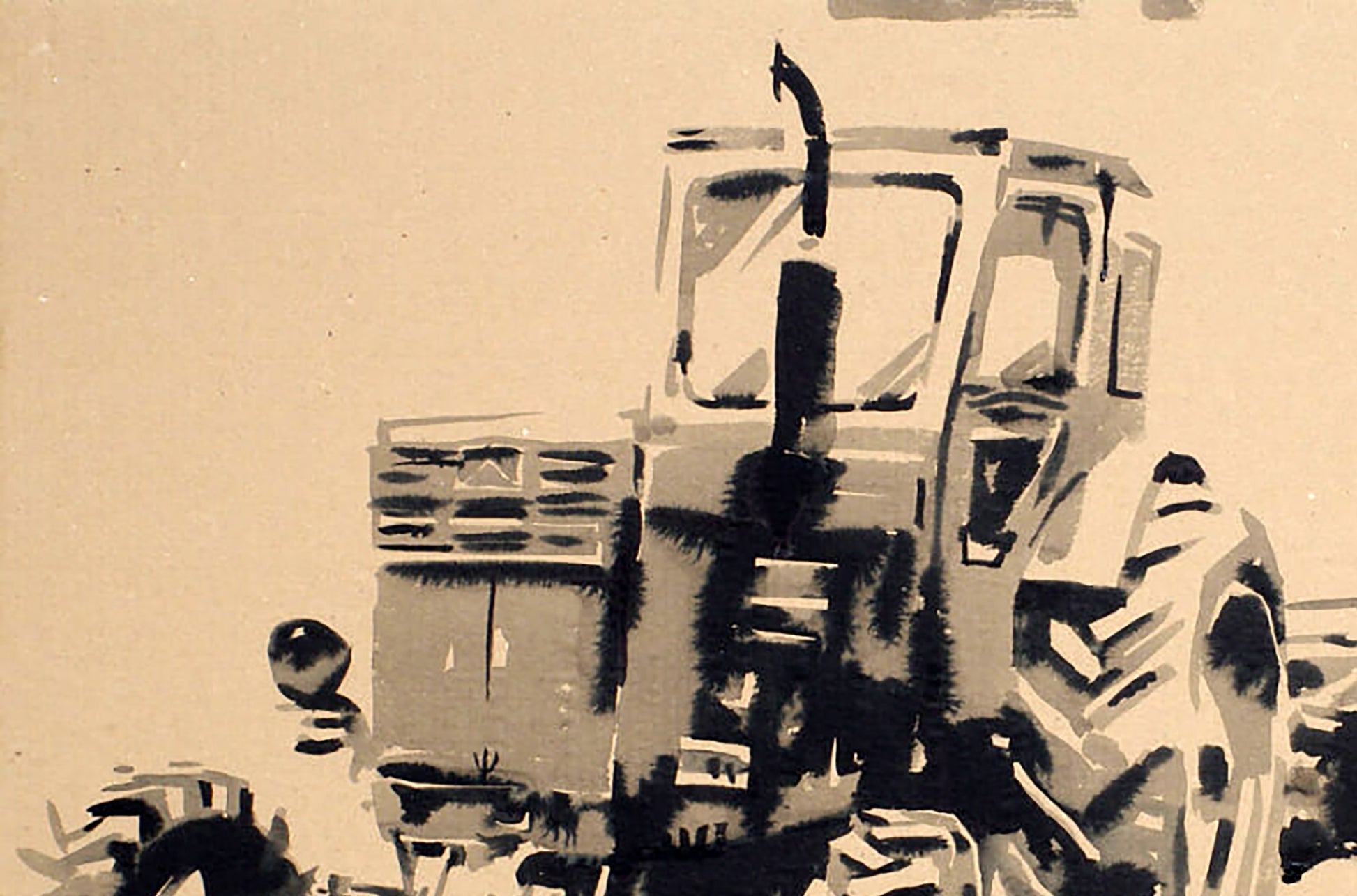 Black and white stylized tractor ink painting by Dima Filatov