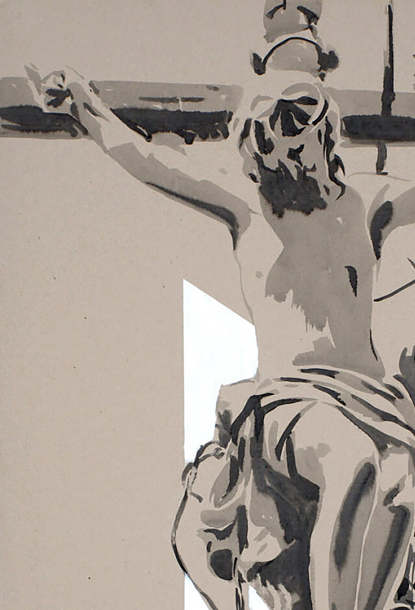 Grayscale stylized crucified figure acrylic painting by Dima Filatov