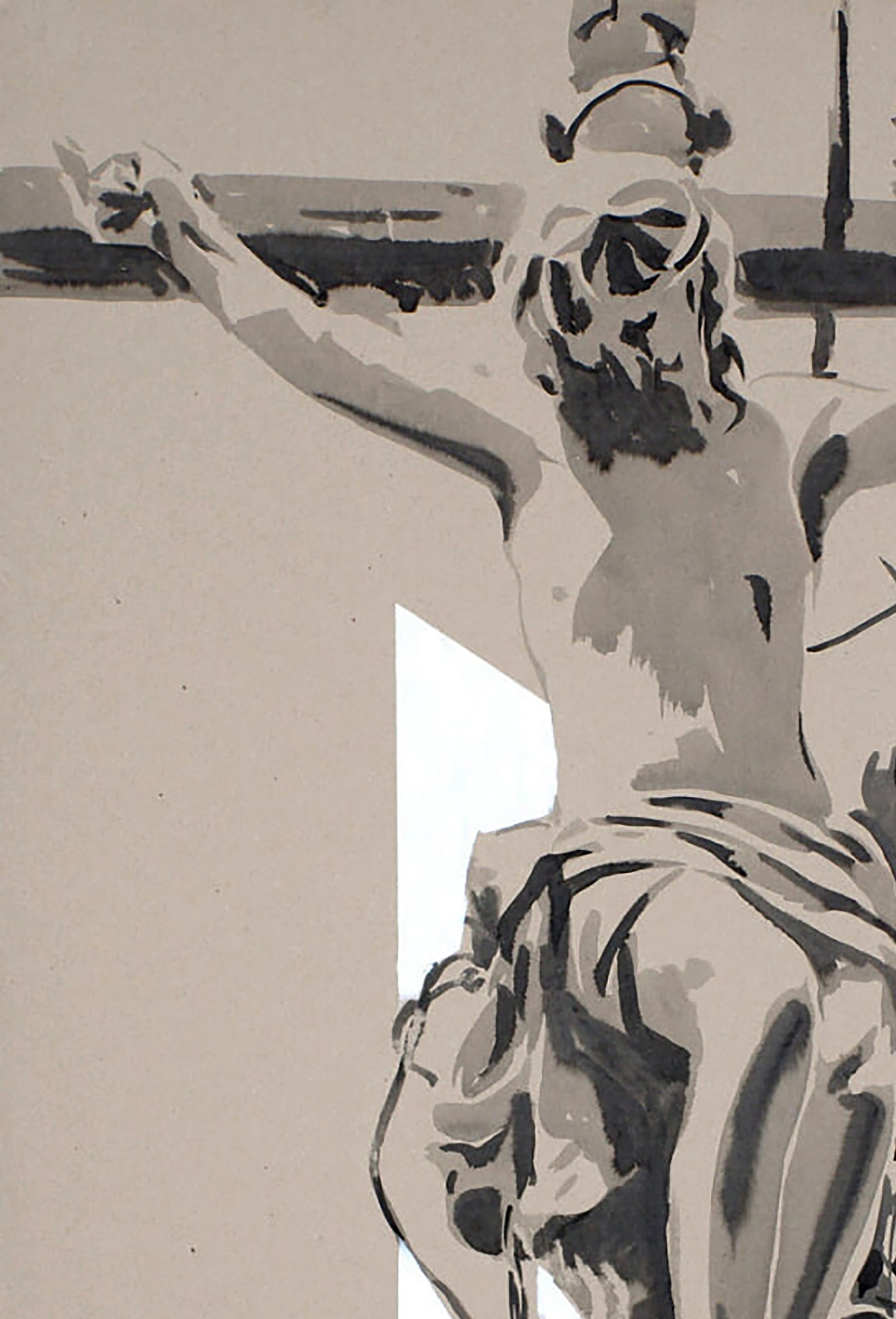Grayscale stylized crucified figure acrylic painting by Dima Filatov