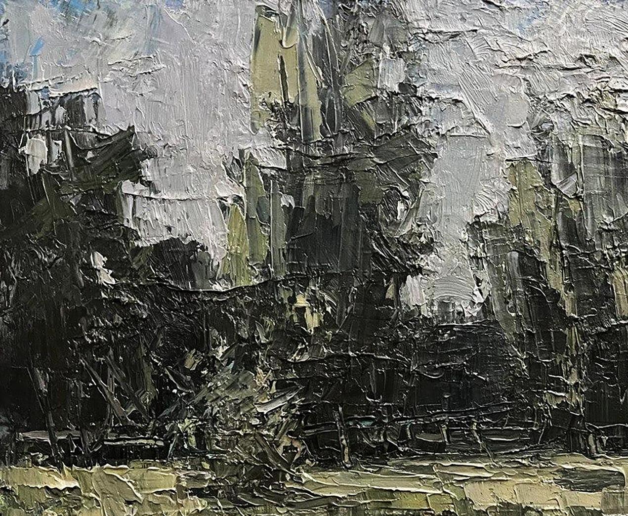 Oil painting River Etude by Volodymyr Pashchenko, textured gray impasto
