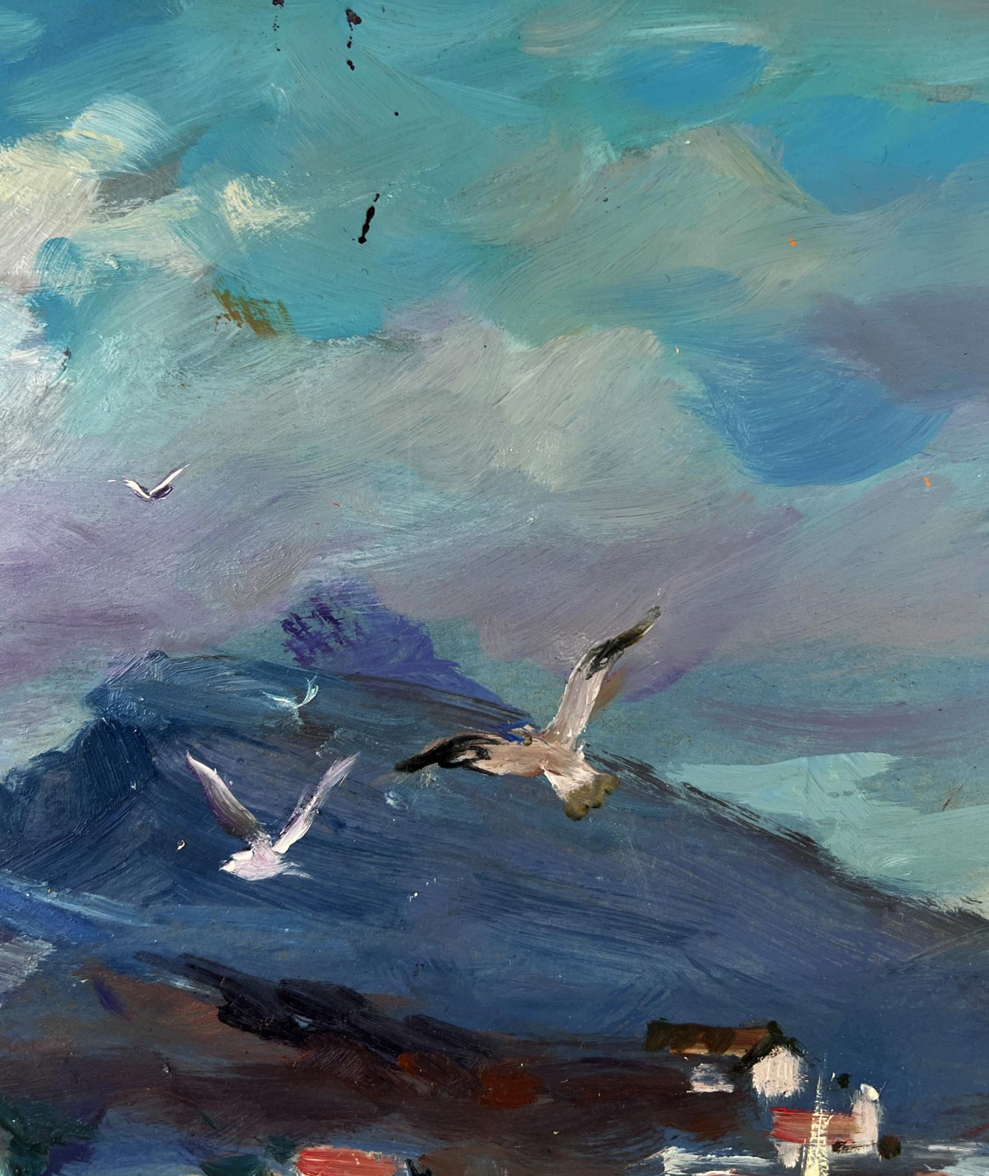 Oil painting of seagulls over crashing waves by Yuriy Suprunchuk