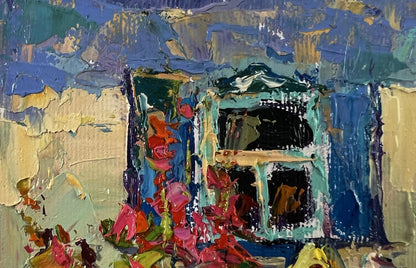 Oil painting At the well in the yard by Oksana Ivanyuk with vibrant blue green window