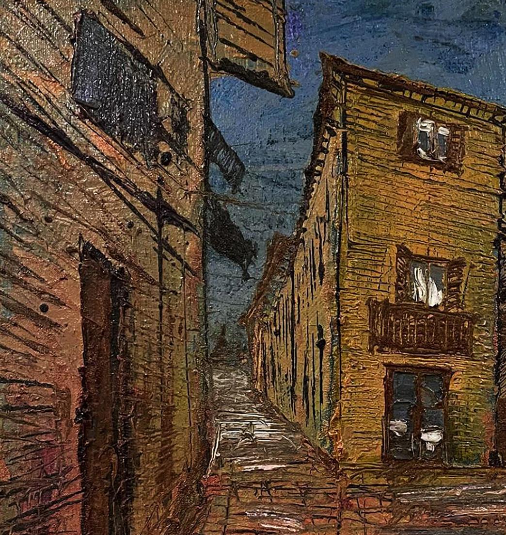 Oil painting Urban slums Serhiy Kovalev: textured European alleyway