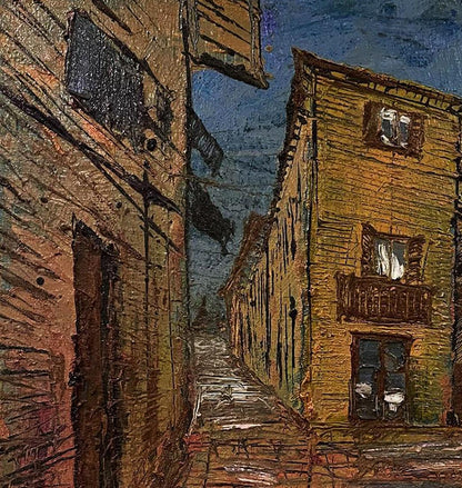 Oil painting Urban slums Serhiy Kovalev: textured European alleyway