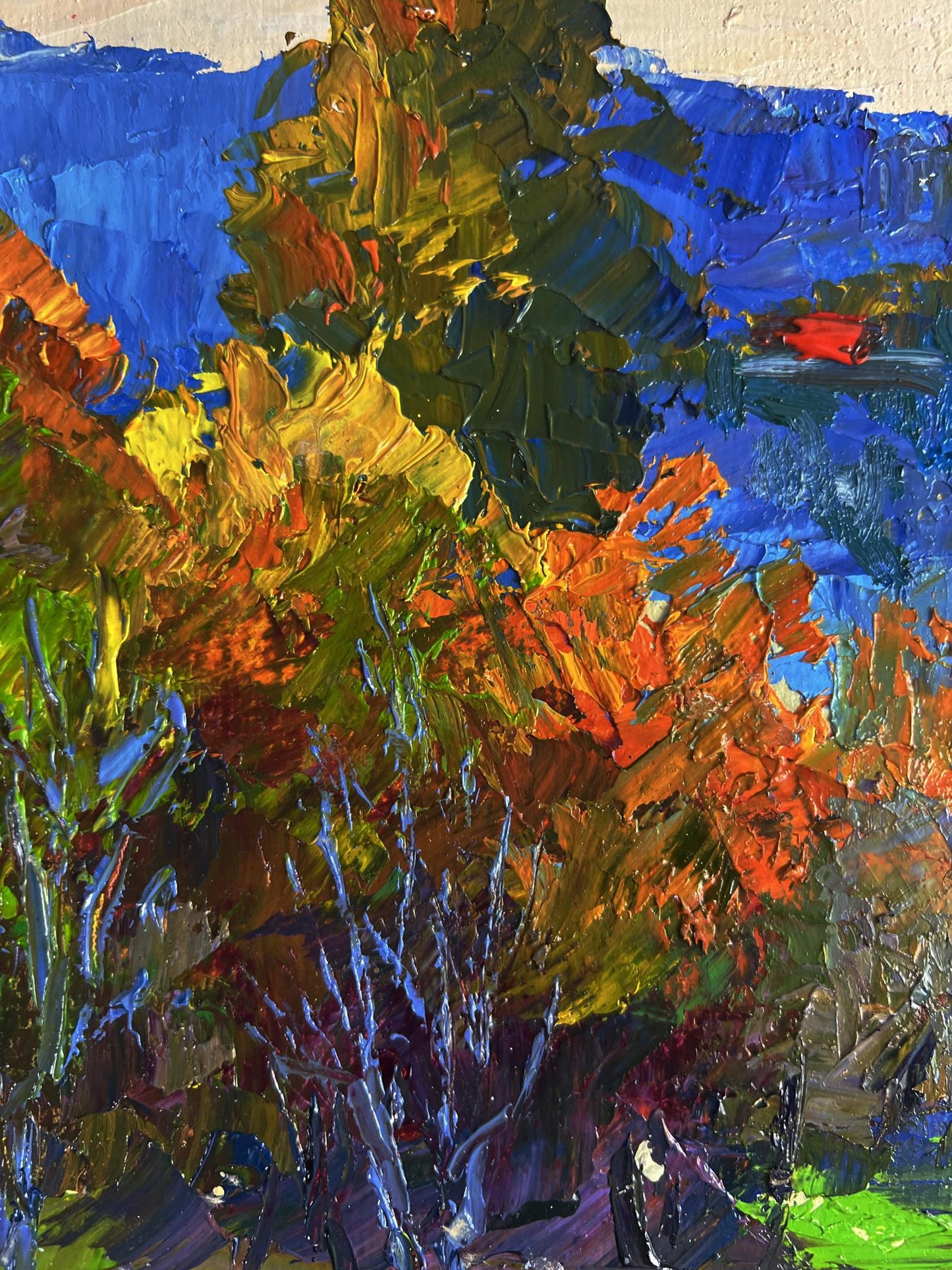 Vibrant impressionist oil painting View from the autumn forest by Boris Serdyuk