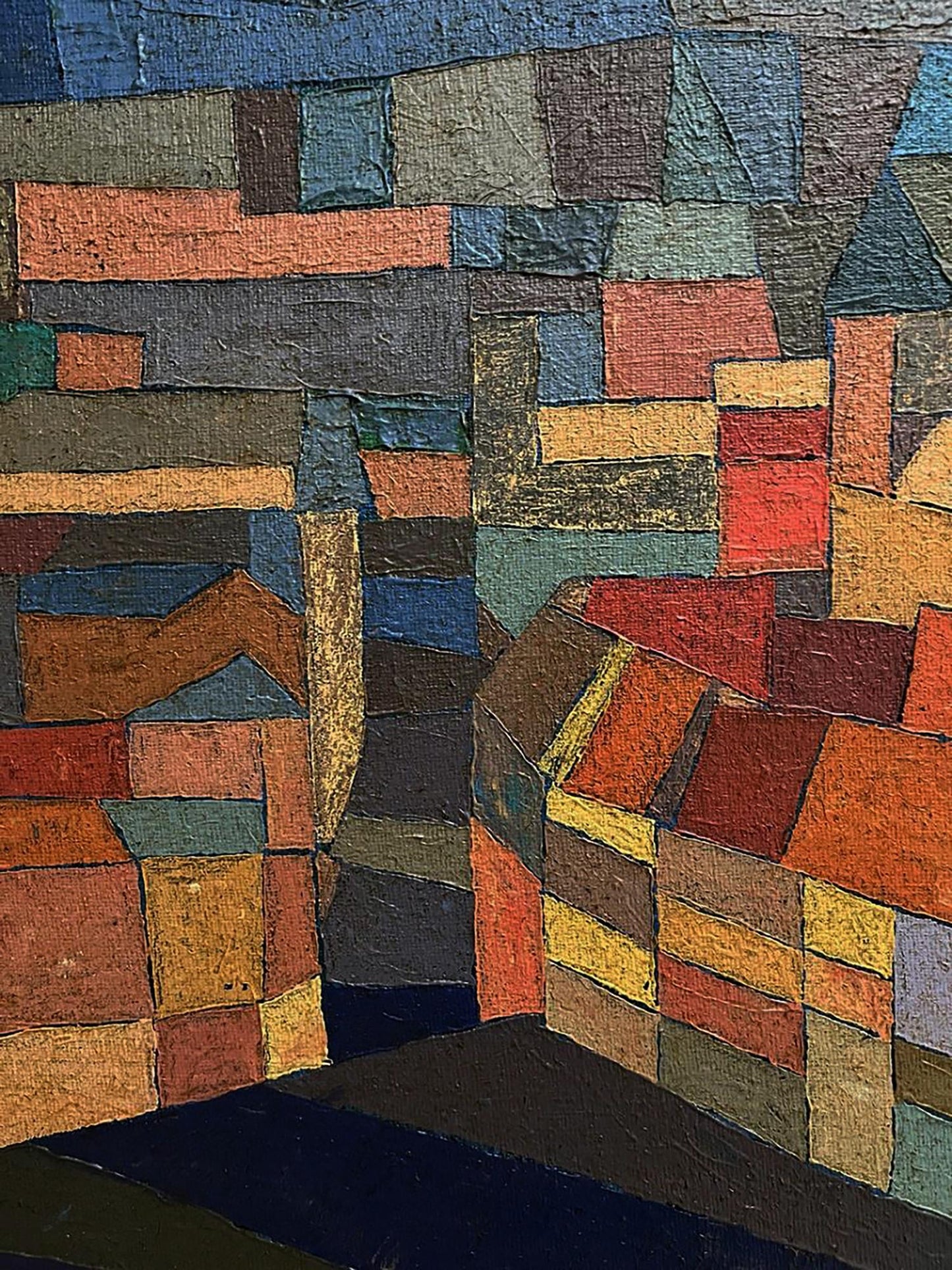 Oil painting Evening city by Serhiy Kovalev: abstract geometric blocks in blues, reds