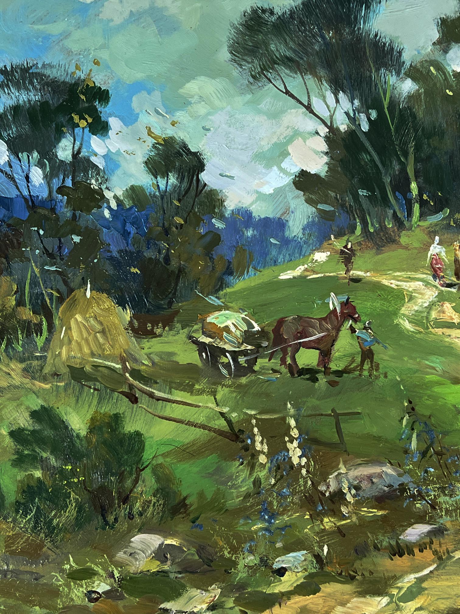 Oil painting of brown horse pulling cart in green field by Yuriy Suprunchuk