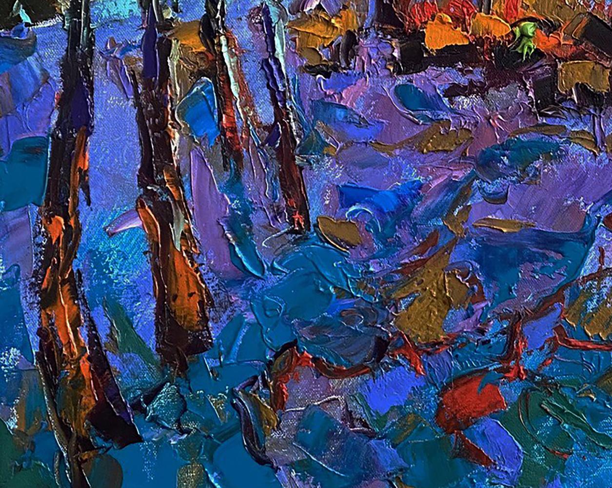 Vibrant Oleksiy Ivanyuk oil painting of moonlit night in field with bold blue purple orange strokes