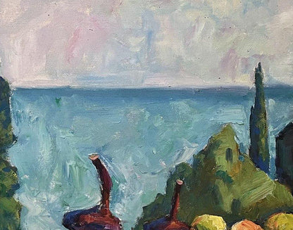 Oil painting Still life with onions by Oleksandr Andreev, vibrant coastal impressionist scene