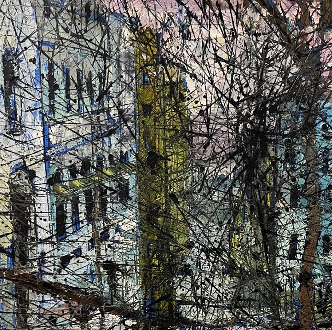Oil painting Descending from the stairs by Serhiy Kovalev with bold black splatters on textured blues, yellows, whites
