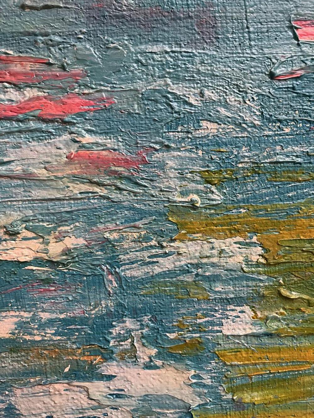 Oil painting Spots by Serhiy Kovalev with teal red yellow impasto strokes