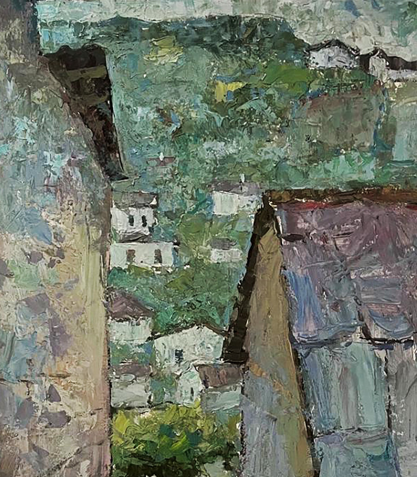 Oil painting Roofs of houses by Oleksandr Andreev: village in green hills