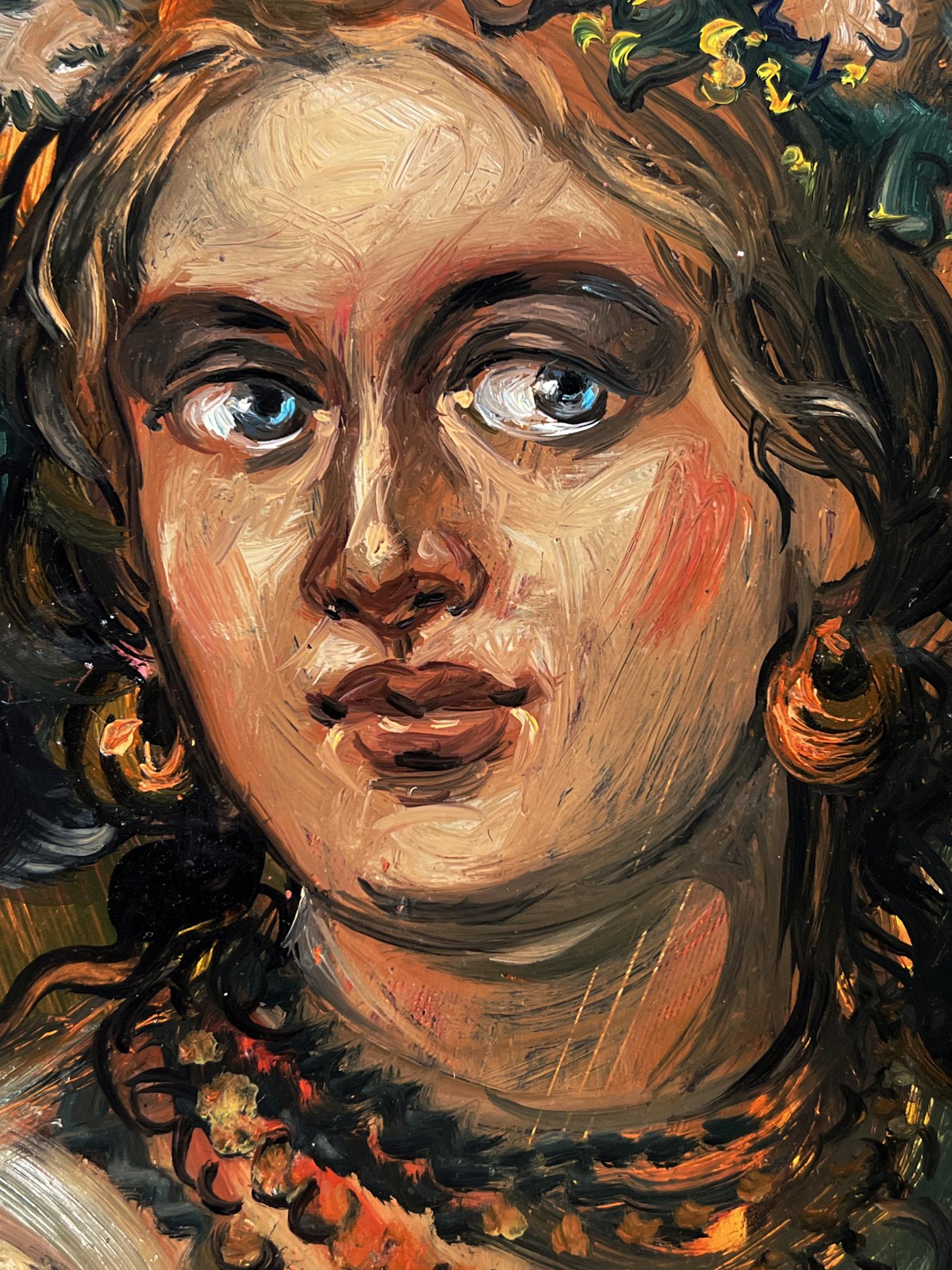 Oil painting of woman with flowers by Alexander Litvinov, vibrant blue eyes