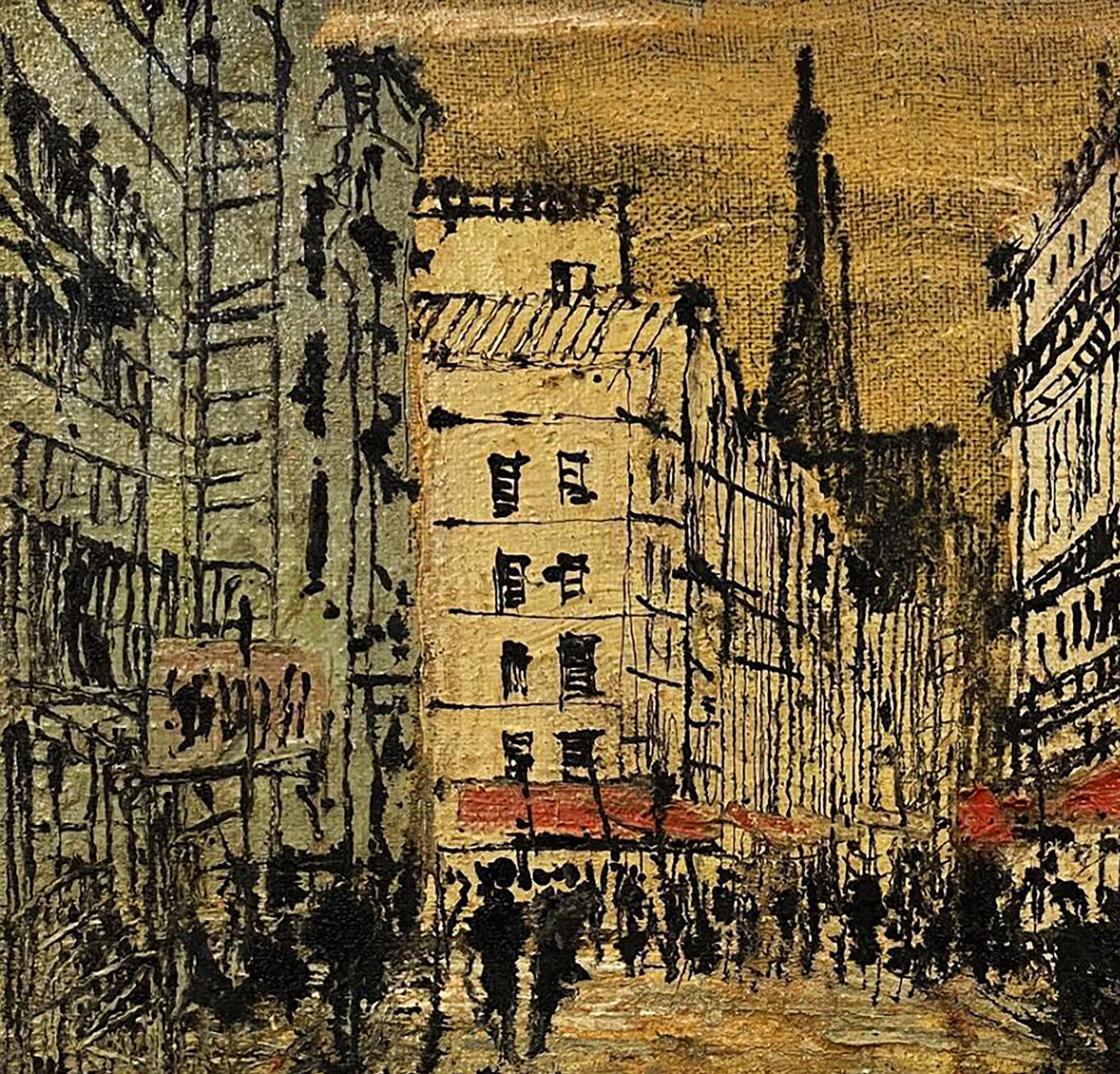 Oil painting Super romance by Serhiy Kovalev: impressionistic city street in black, ochre, gold