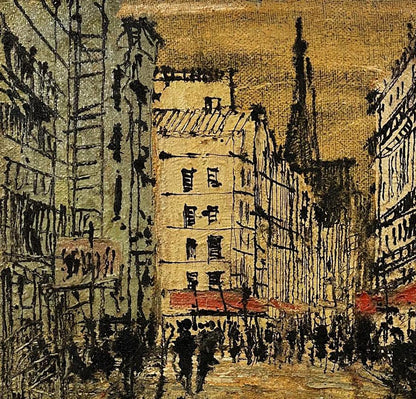 Oil painting Super romance by Serhiy Kovalev: impressionistic city street in black, ochre, gold