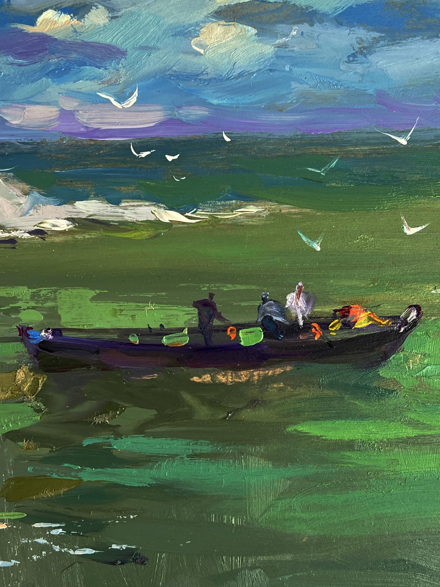 Oil painting of Yuriy Suprunchuk fishing boat with figures on green waterway