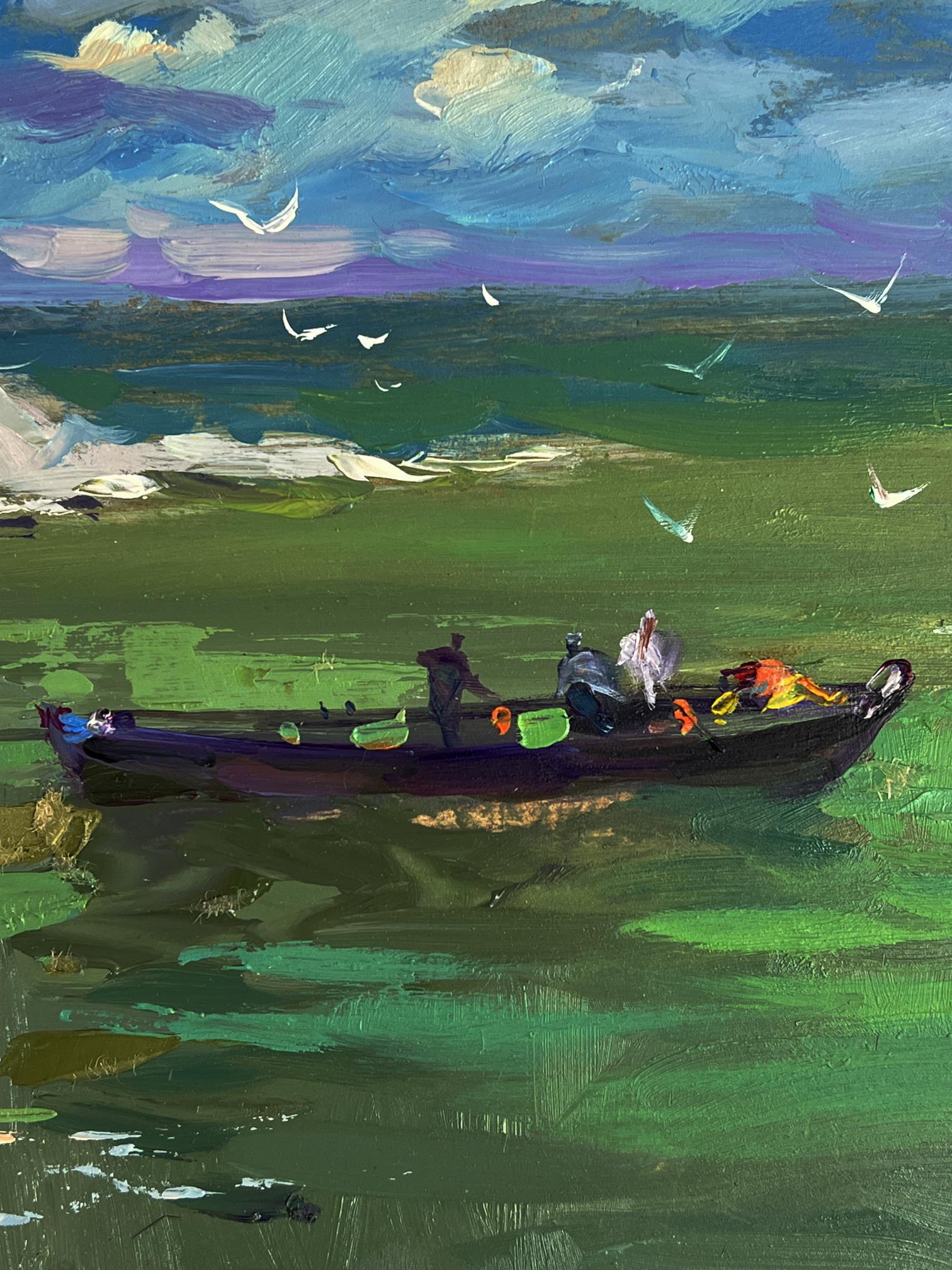 Oil painting of Yuriy Suprunchuk fishing boat with figures on green waterway