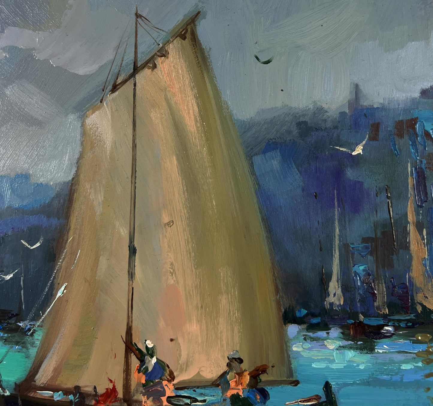 Oil painting of fishermen greeting dawn at sea with billowing beige sail in moody seascape by Yuriy Suprunchuk