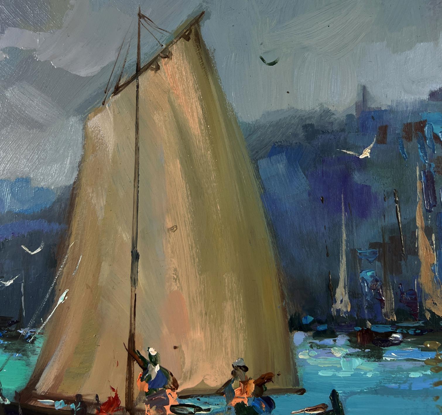 Oil painting of fishermen greeting dawn at sea with billowing beige sail in moody seascape by Yuriy Suprunchuk
