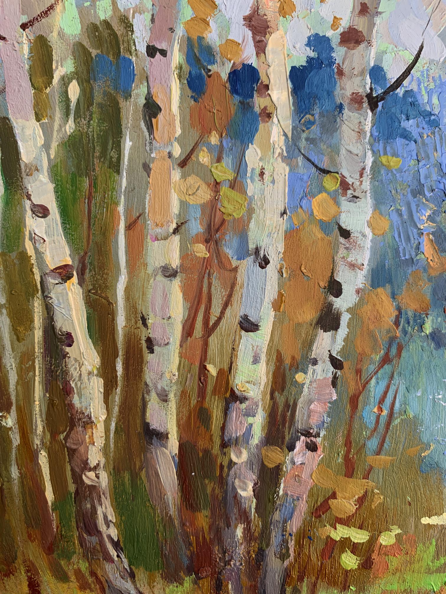 Vibrant impressionist oil painting of autumn birch grove by Yuriy Suprunchuk