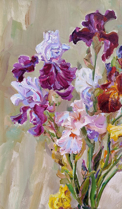 Oil painting Irises by Leonid Pavlenko: vibrant purple, white, pink bouquet