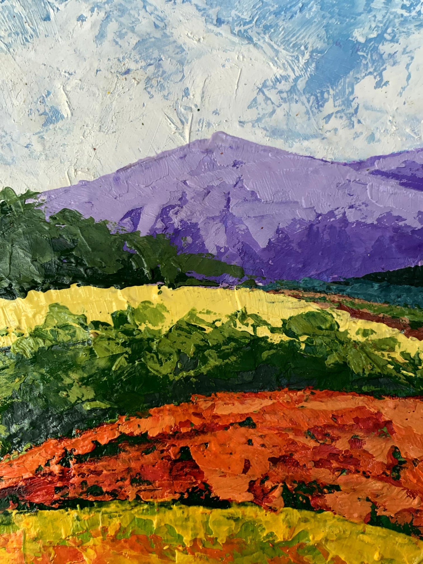 Vibrant oil painting Far away in the mountains by V. Zadorozhnya, purple peaks