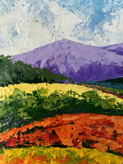 Vibrant oil painting Far away in the mountains by V. Zadorozhnya, purple peaks