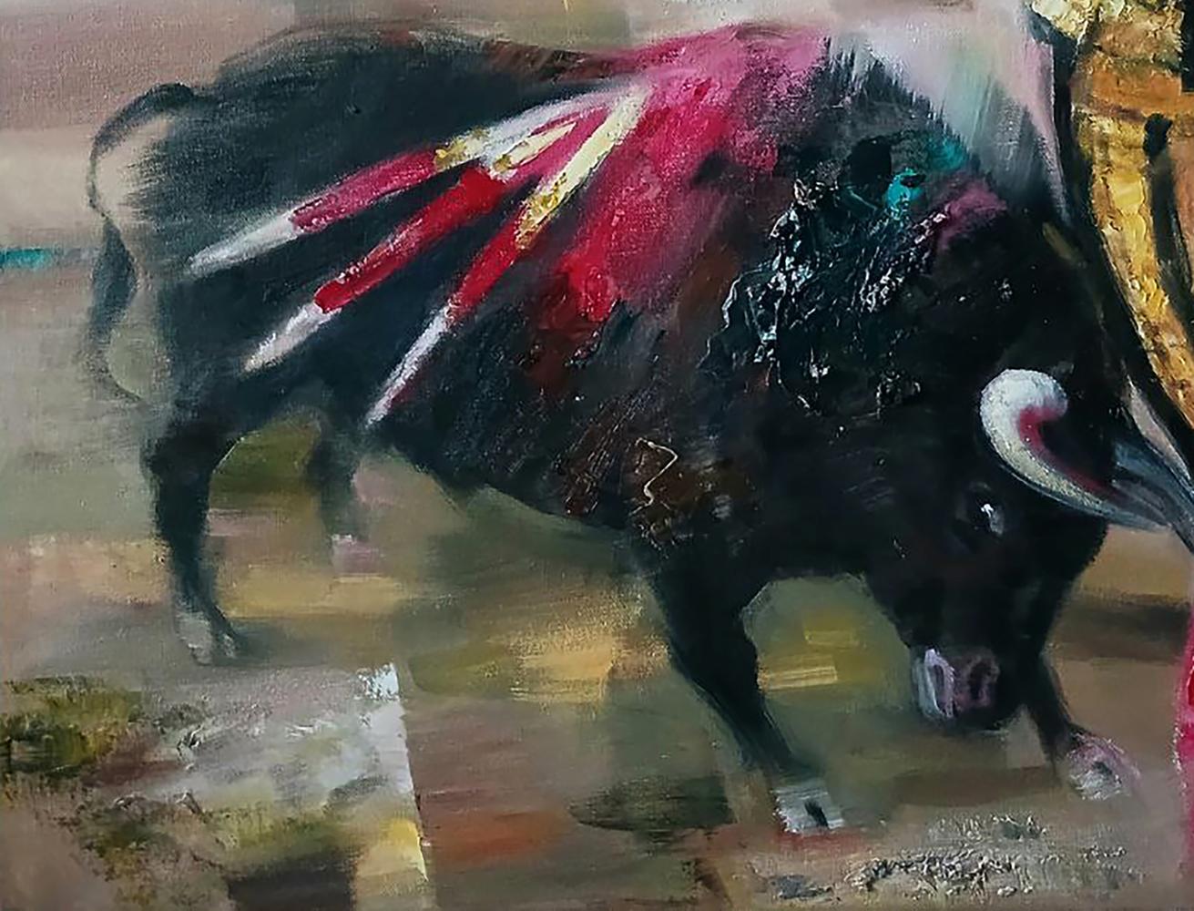 Abstract oil painting of black bull with red white stripes by Anatoly Tarabanov