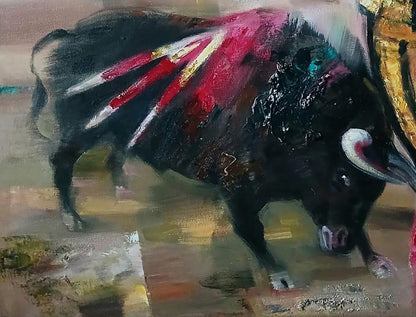 Abstract oil painting of black bull with red white stripes by Anatoly Tarabanov