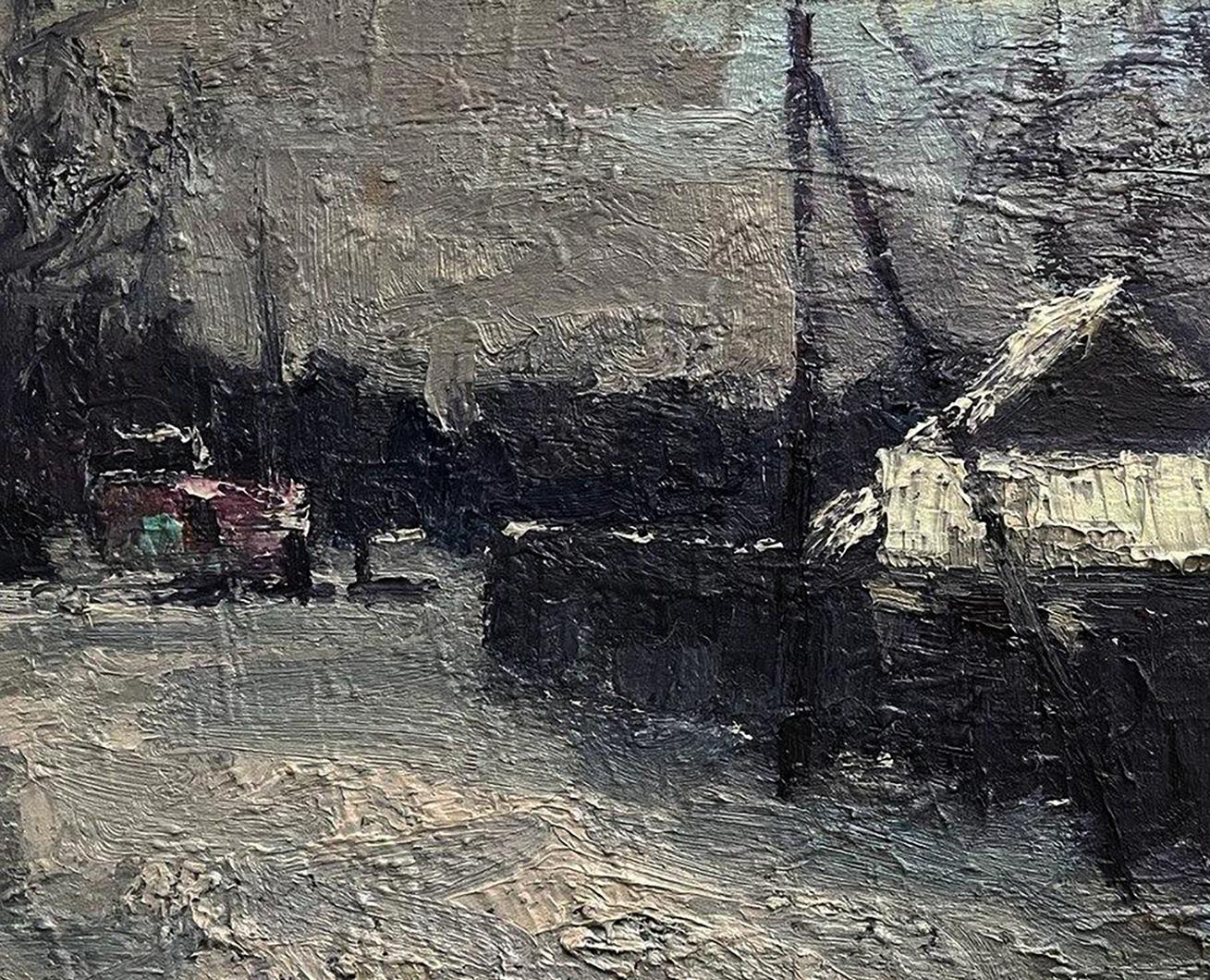 Oil painting Snowy spring by Volodymyr Pashchenko moody coastal scene