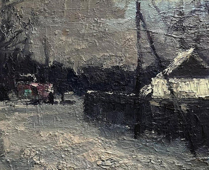 Oil painting Snowy spring by Volodymyr Pashchenko moody coastal scene