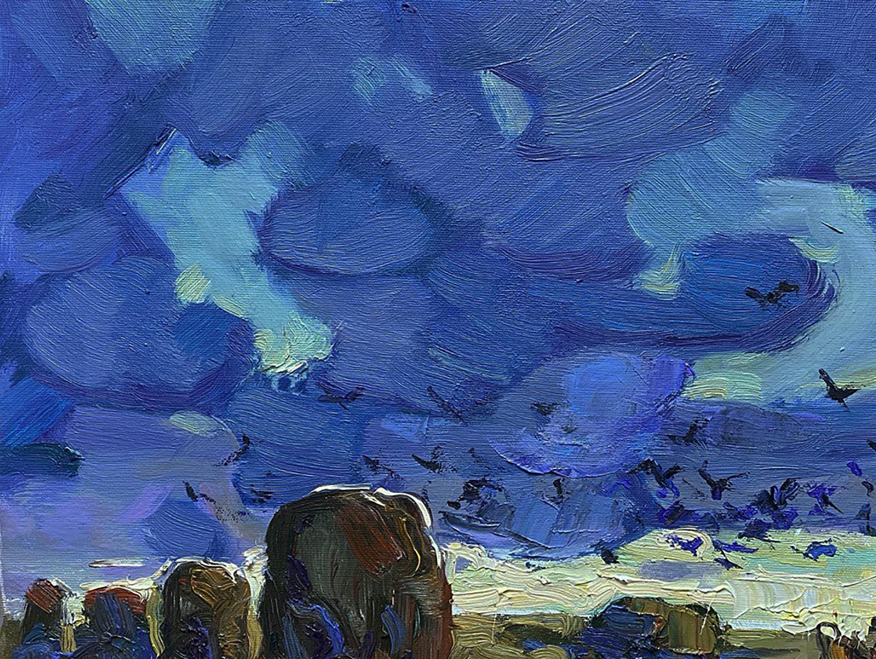 Oil painting The Long Road Home by Oleksiy Ivanyuk with blue sky and birds