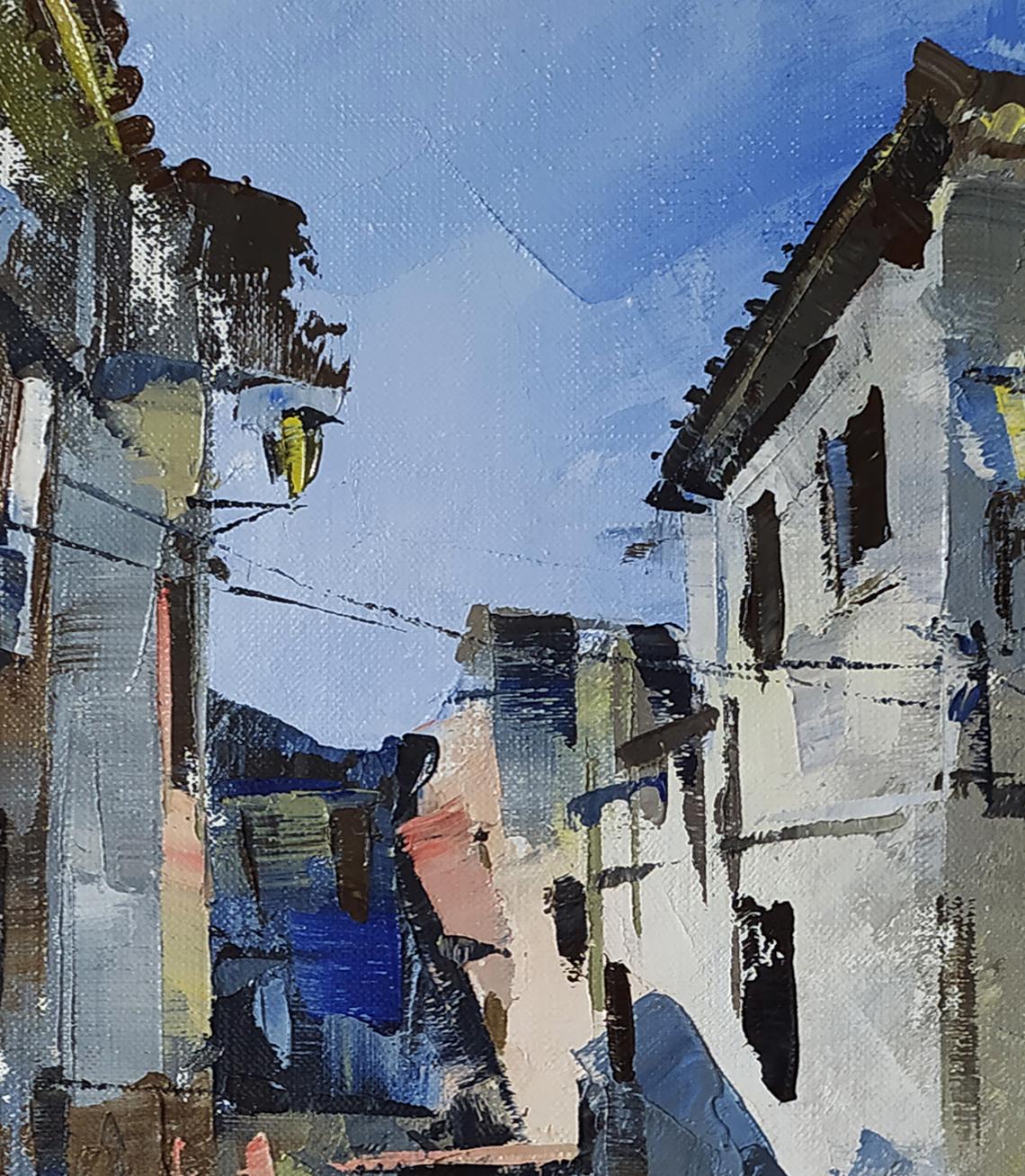 Oil painting by Volodymyr Gluhomanyuk: textured alley between whitewashed buildings
