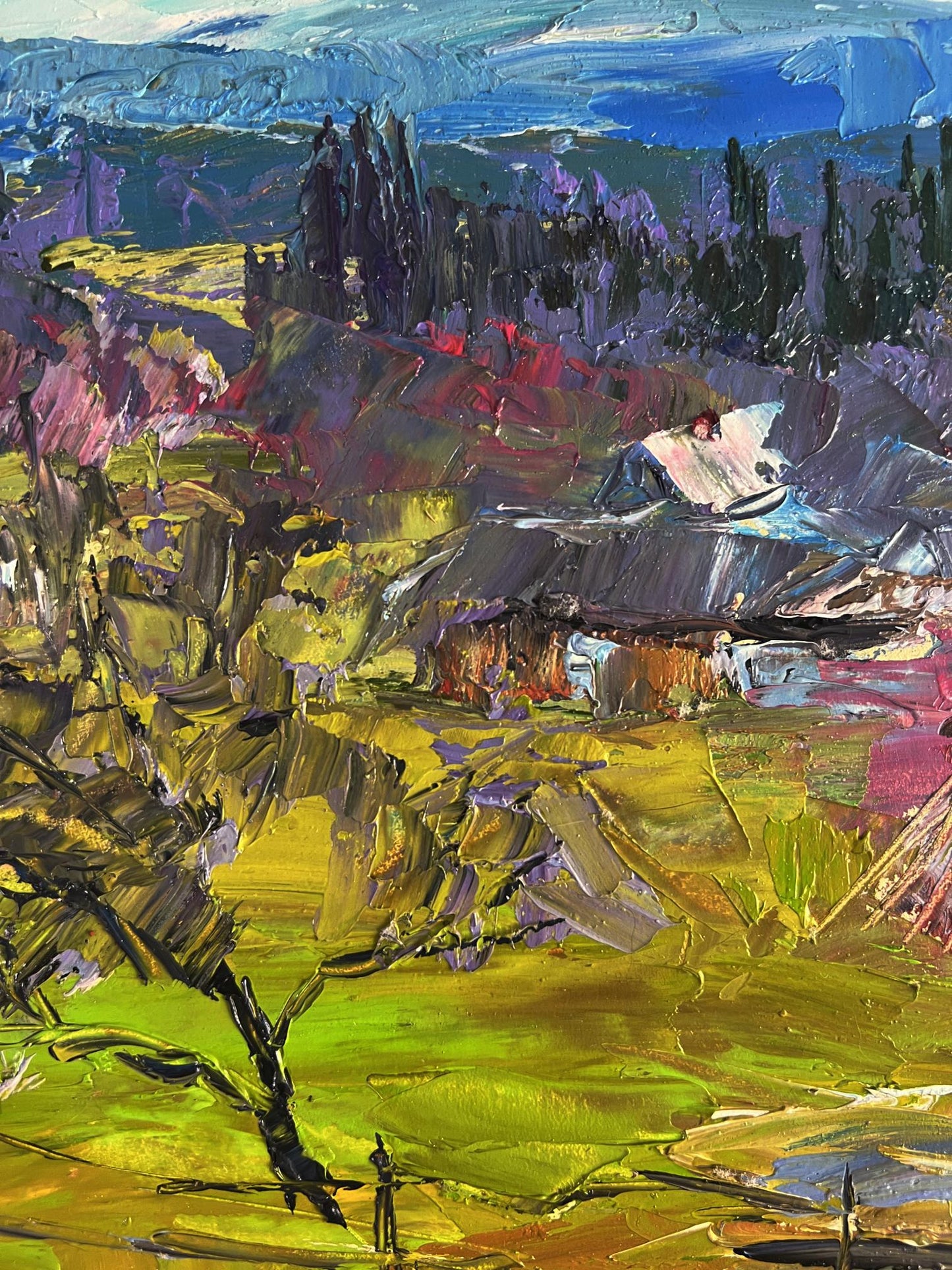 Vibrant impressionist oil painting of Boris Serdyuk village in mountains