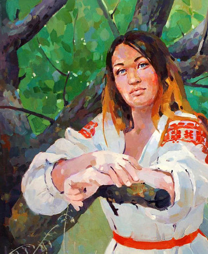 Oil painting In the shade of the apricot tree by Anastasia Yaroshevich: woman in white embroidered blouse