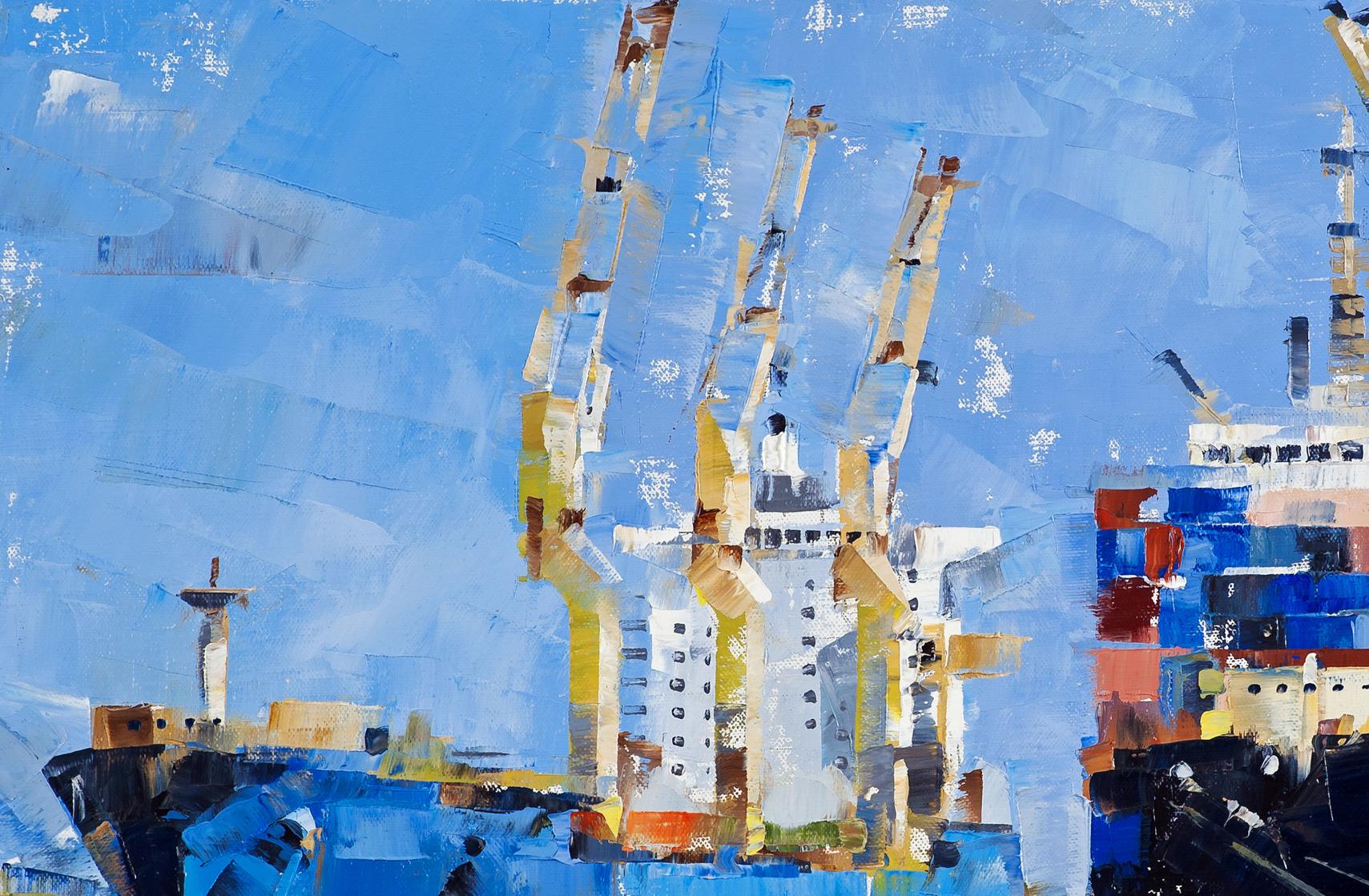 Oil painting of yellow cranes and cargo ships by Volodymyr Gluhomanyuk