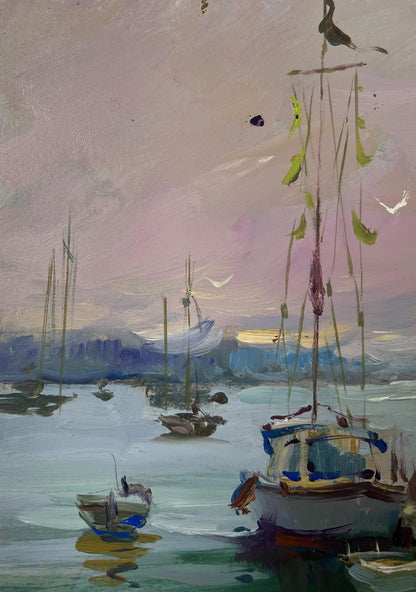 Oil painting Where boats sleep at the pier by Yuriy Suprunchuk harbor scene