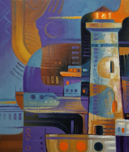Oil painting of lighthouse and ships by Sergiy Voichenko, abstract blue hues