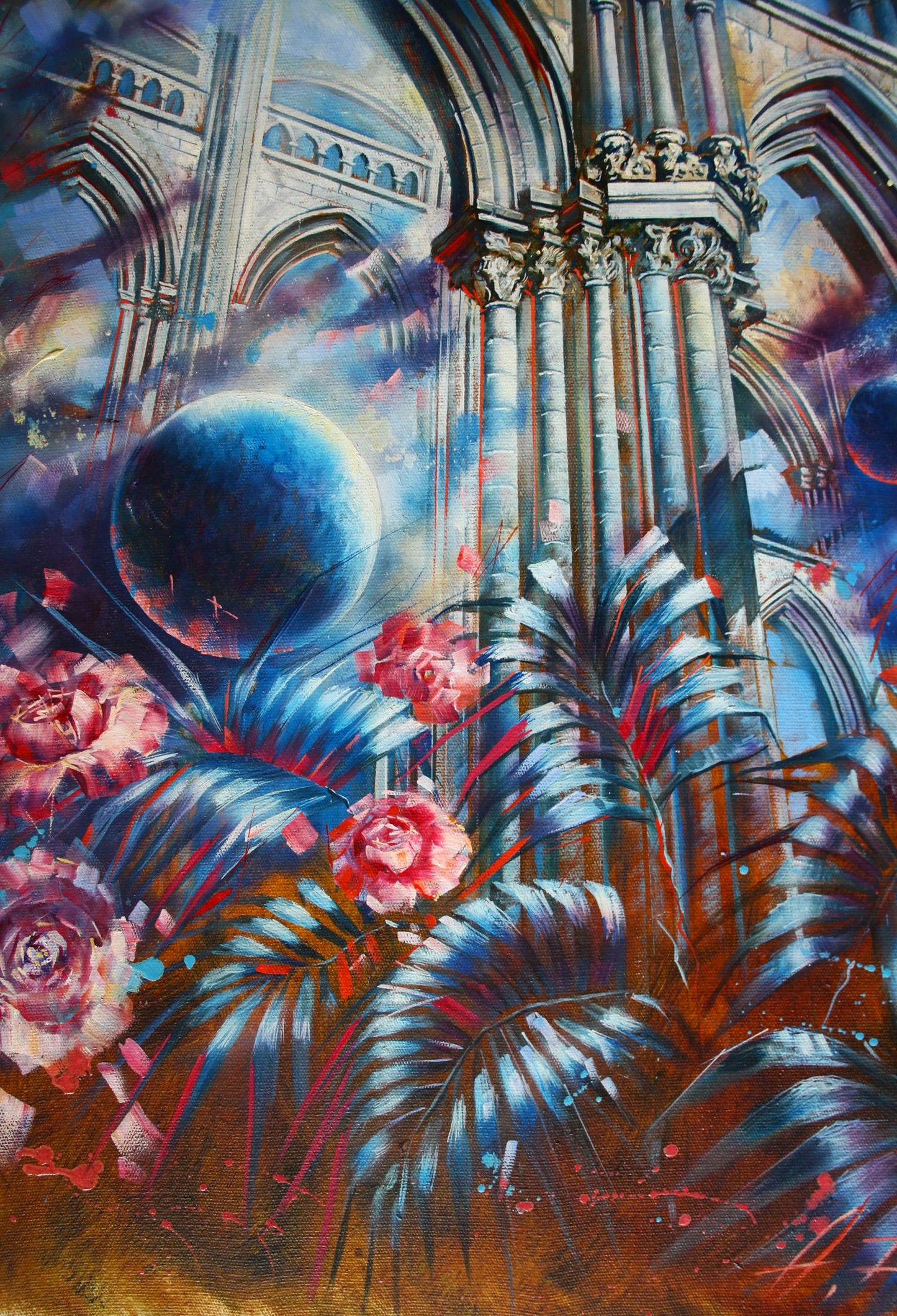 Surreal oil painting Parade of Planets by Alexander Dobrodiy with cathedral